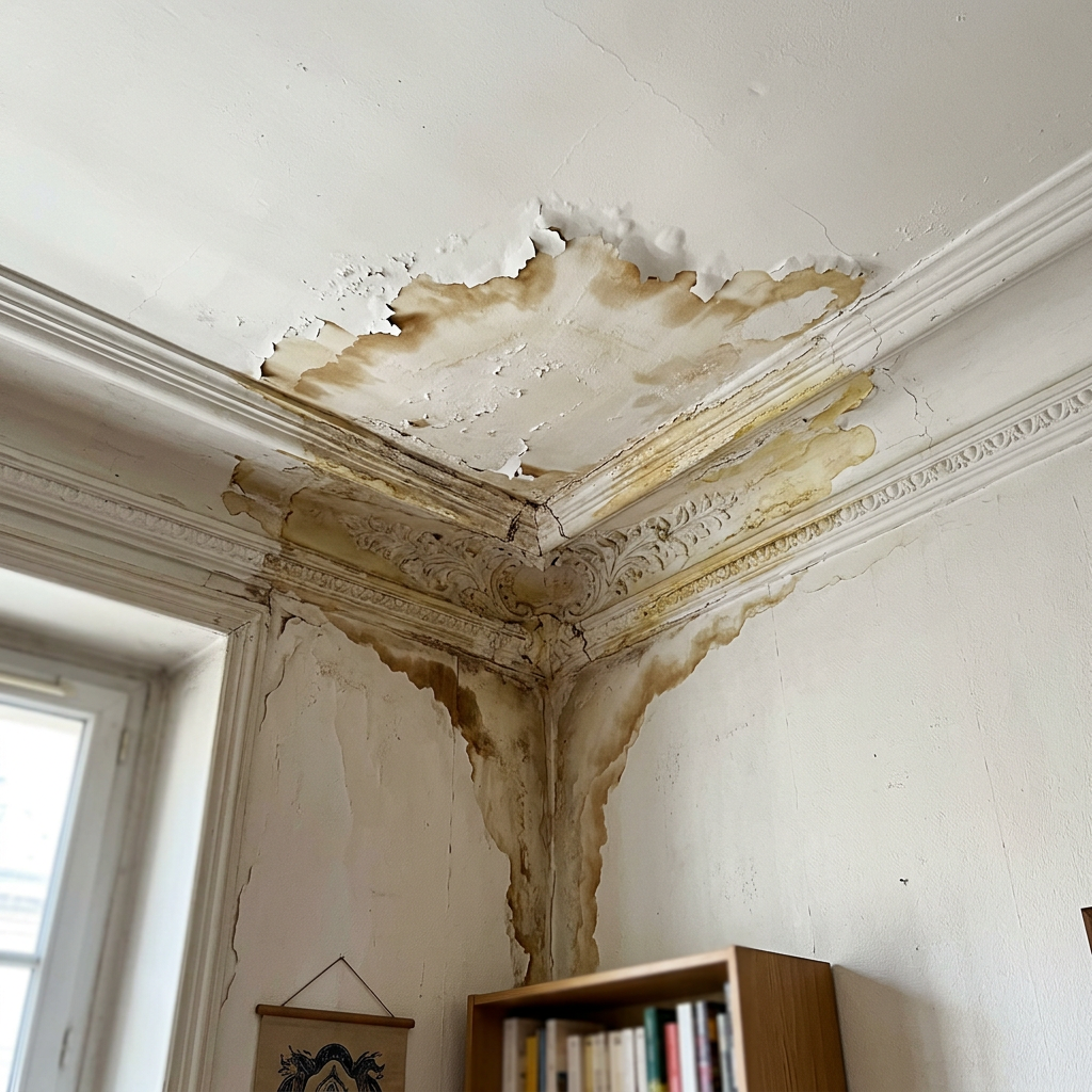 Image d’exemple générée d’un angle de plafond taché d’eau, affichée sur l’écran de prise de vue